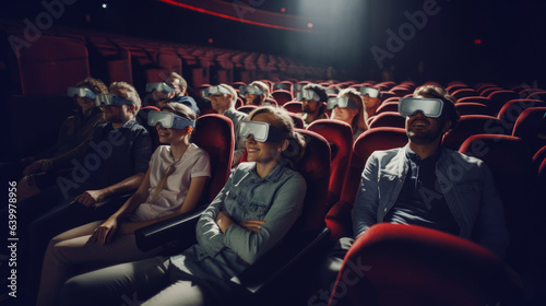 People watching movie in theatre using VR headset. Virtual Reality movie concept.