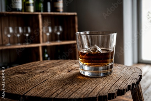 glass of whiskey on the rocks on old wooden table