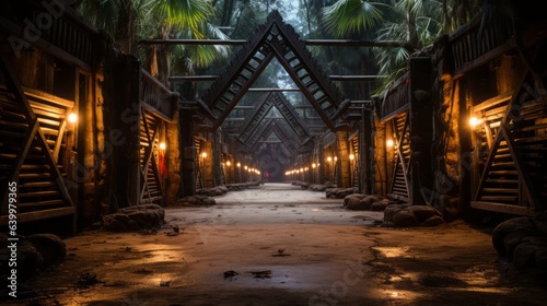 Inside view of the central entrance gate of a palisade fortification for an ancient Batavian warrior settlement in Florida at night. The wooden gate is massive and decorated with tribal Batavian symbo © Dushan