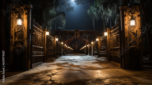Inside view of the central entrance gate of a palisade fortification for an ancient Batavian warrior settlement in Florida at night. The wooden gate is massive and decorated with tribal Batavian symbo