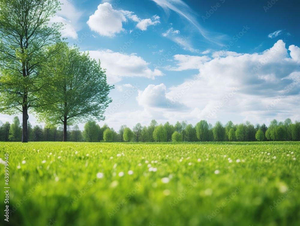 Blurred background of spring nature with a nicely trimmed lawn against a blue sky and clouds on a bright sunny day. Generative AI