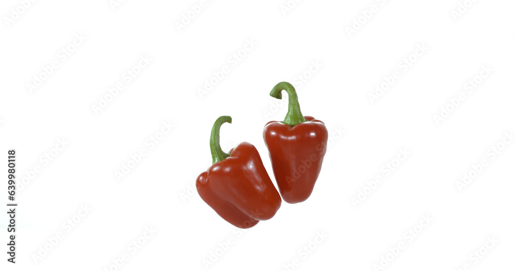 Red Sweet Pepper, capsicum annuum, Vegetable falling and Breaking against White Background Red Sweet Pepper, capsicum annuum, Vegetable falling and Breaking against White Background