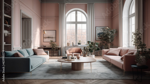 The most recent home fashion trends can be seen in a highly contemporary and refined interior design of a warm and inviting studio, featuring gentle, muted pastel hues. © Matthew