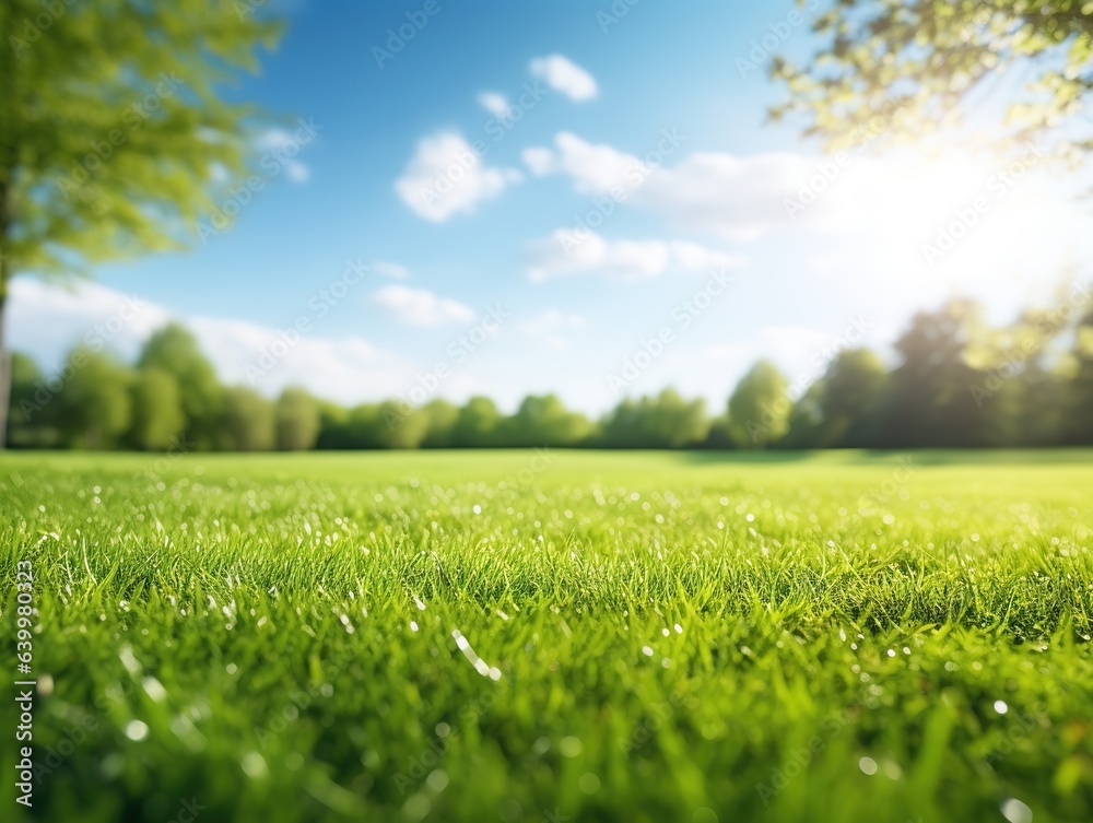 Blurred background of spring nature with a nicely trimmed lawn against a blue sky and clouds on a bright sunny day. Generative AI