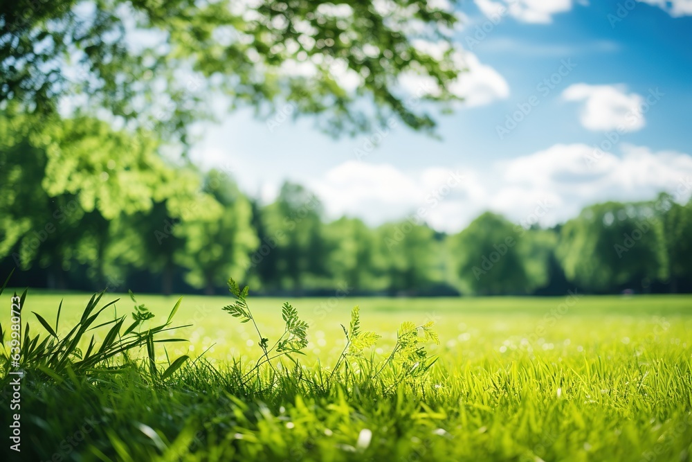 Blurred background of spring nature with a nicely trimmed lawn against a blue sky and clouds on a bright sunny day. Generative AI Blurred background of spring nature with a nicely trimmed lawn against a blue sky and clouds on a bright sunny day. Generative AI