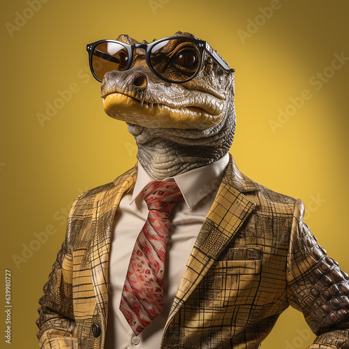 crocodile dressed in a plaid suit, wearing sunglasses, on a smooth yellow background