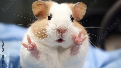 A cute white and blond hamster doing two finger selfie pose, victory sign photo