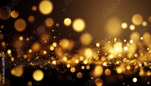 Abstract blurred gold bokeh glitter lights background, holiday banner texture backdrop