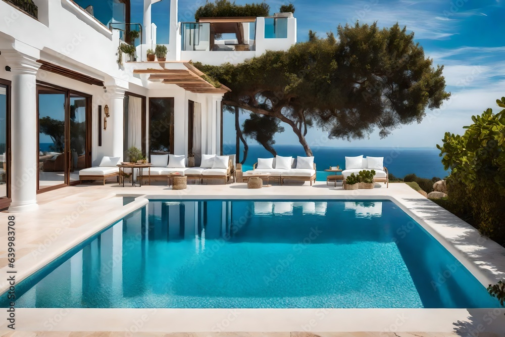 White house typical of the Mediterranean style with a pool on a hill with an amazing sea view. Background of the summer holiday