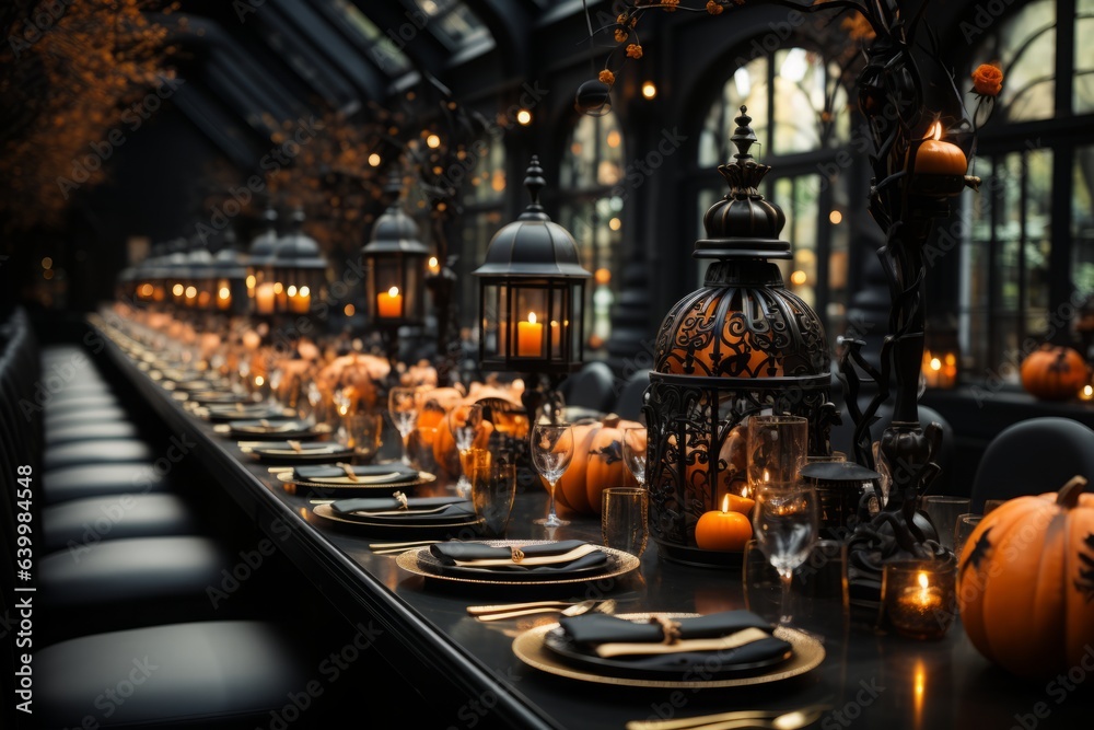 Table Settings: A Halloween-themed dinner setting with orange and black decor. 