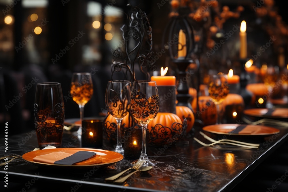 Table Settings: A Halloween-themed dinner setting with orange and black decor. Table Settings: A Halloween-themed dinner setting with orange and black decor.