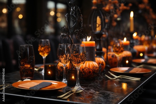 Table Settings: A Halloween-themed dinner setting with orange and black decor. 
