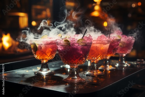 Cocktails in dark colors with smoke or dry ice effects.  photo