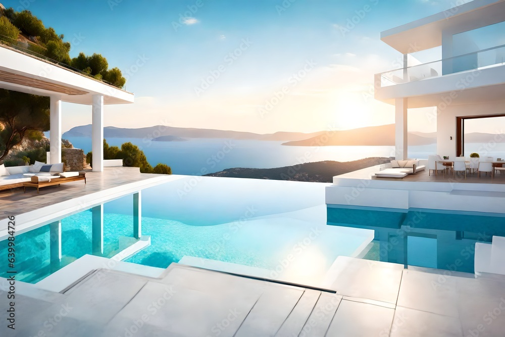 Fototapeta premium White house typical of the Mediterranean style with a pool on a hill with an amazing sea view. Background of the summer holiday