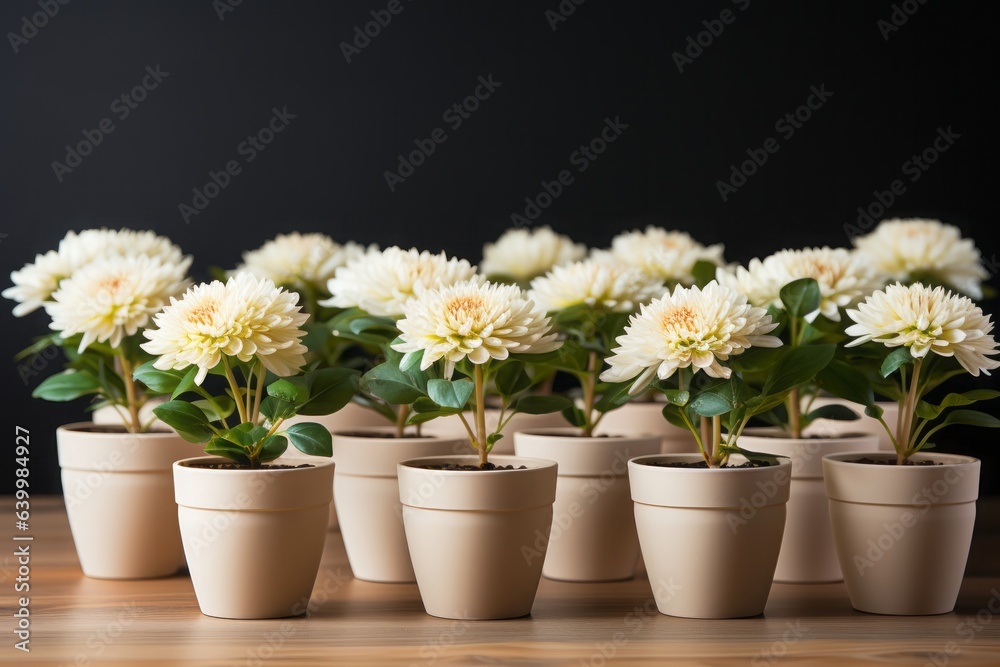 A row of potted white flowers

