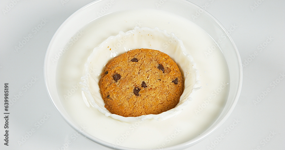 Cookie falling into a Milk Bowl against White background Cookie falling into a Milk Bowl against White background