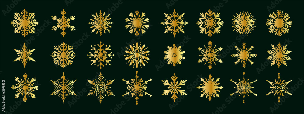 Collection of golden snowflakes for festive Christmas, New Year decorations. Vector graphics.