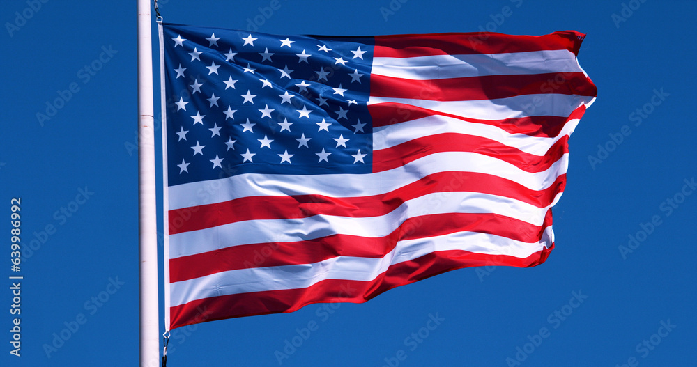 Fototapeta premium American Flag Waving in the Wind against blue sky