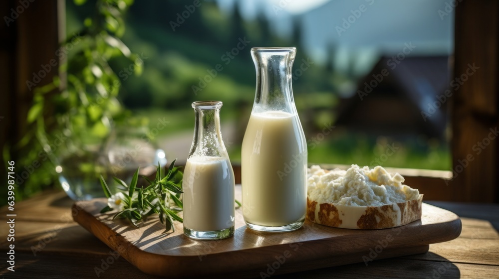 Milk in a bottle on wooden platform, background two cows on a green field Milk in a bottle on wooden platform, background two cows on a green field