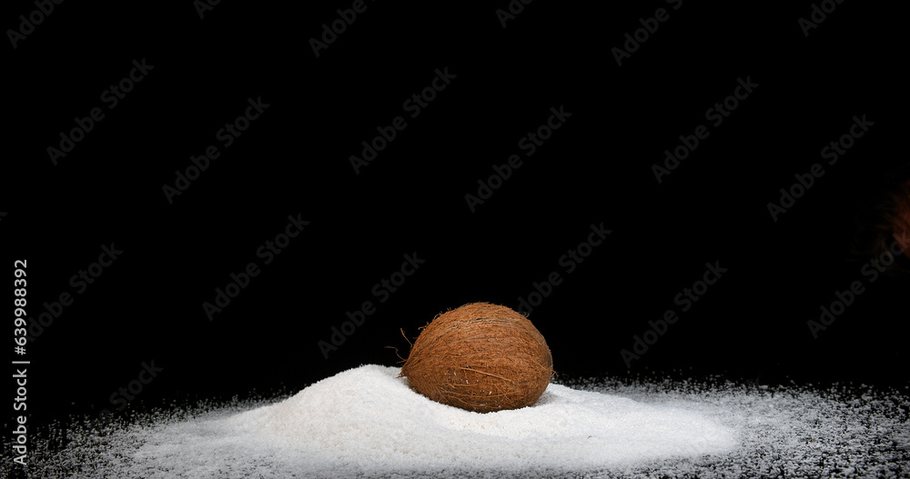 Coconut, cocos nucifera, Fruit and Powder Exploding against Black