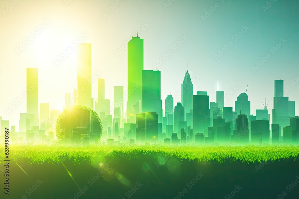 minimalistic illustration green modern city skyline. ai generative