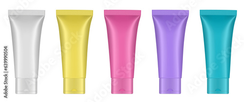 Set of multicolored tubes. 3d mockup. Purple, blue, pink, yellow and white colors. Hand cream, mask or lotion. Professional shampoo
