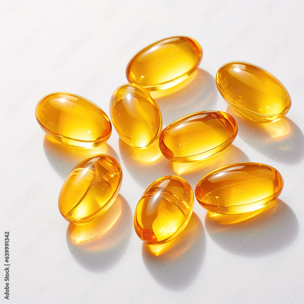 Transparent yellow vitamins on a light background. Vitamin D, omega 3, omega 6, Food supplement oil filled fish oil, vitamin A, vitamin E, flaxseed oil. Transparent yellow vitamins on a light background. Vitamin D, omega 3, omega 6, Food supplement oil filled fish oil, vitamin A, vitamin E, flaxseed oil.