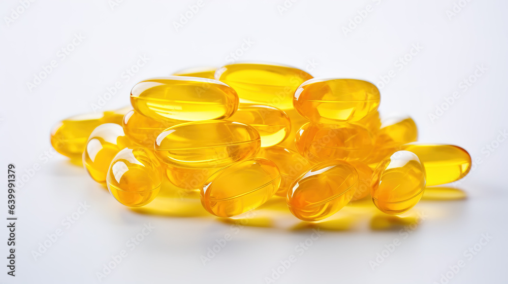 Transparent yellow vitamins on a light background. Vitamin D, omega 3, omega 6, Food supplement oil filled fish oil, vitamin A, vitamin E, flaxseed oil. Transparent yellow vitamins on a light background. Vitamin D, omega 3, omega 6, Food supplement oil filled fish oil, vitamin A, vitamin E, flaxseed oil.