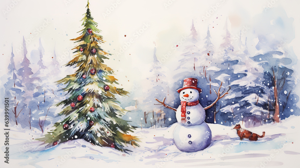 Snowman and Christmas tree, watercolor style.	
