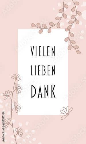 Vielen lieben Dank - Schriftzug in deutscher Sprache. Dankeskarte mit floralem Design in Rosatönen.