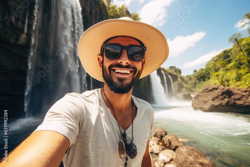 Handsome tourist visiting national park taking selfie