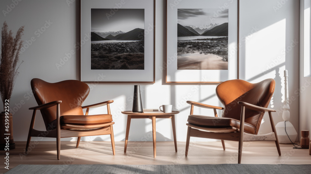 Fototapeta premium Two armchairs in room with white wall and big frame poster on it. Scandinavian style interior design of modern living room.