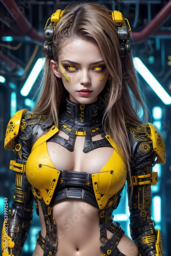 Portrait of a futuristic female with yellow futuristic dress technology expert, tuner, or hacker