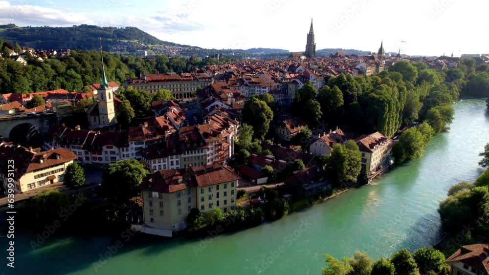 Bern old town, aerial drone 4k video. Switzerland travel destinations