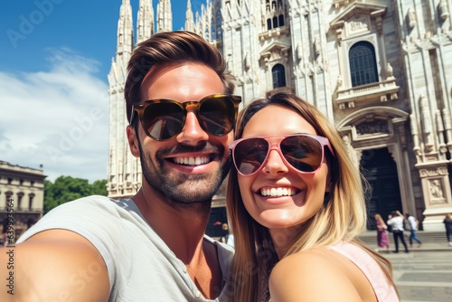 Happy couple taking selfie in front of Duomo cathedral © Celina