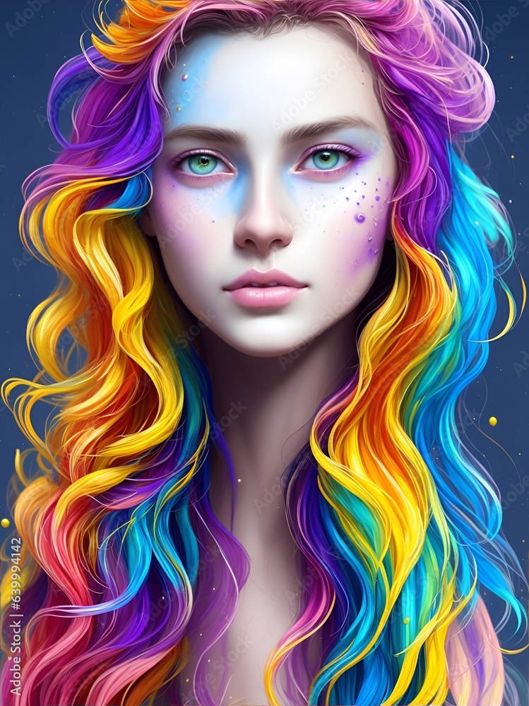 Beautiful woman with rainbow color hair. AI generated illustration Beautiful woman with rainbow color hair. AI generated illustration