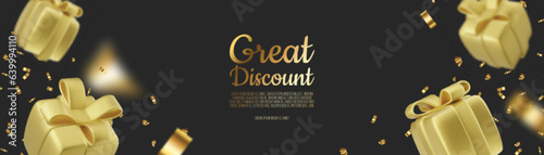 Banner online shopping with 3d realistic gift isolated on black background. Vector illustration