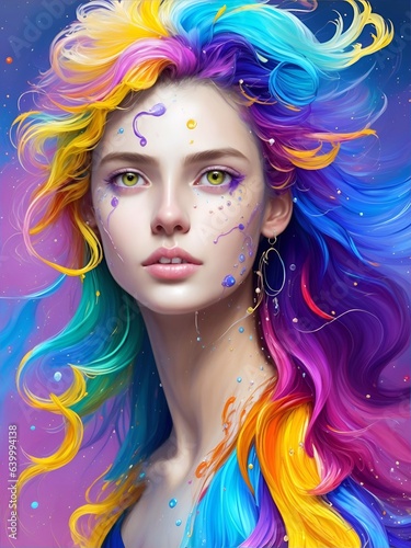 Beautiful woman with rainbow color hair. AI generated illustration