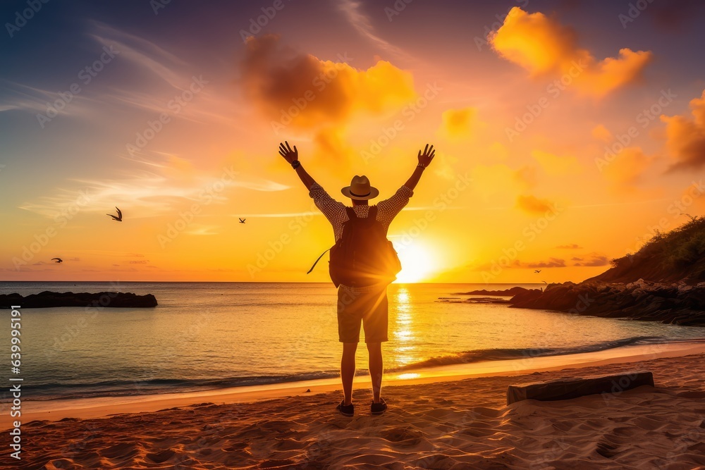 Happy man wearing hat and backpack raising arms up on beach