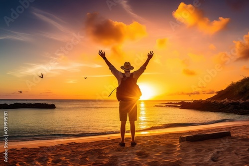 Happy man wearing hat and backpack raising arms up on beach