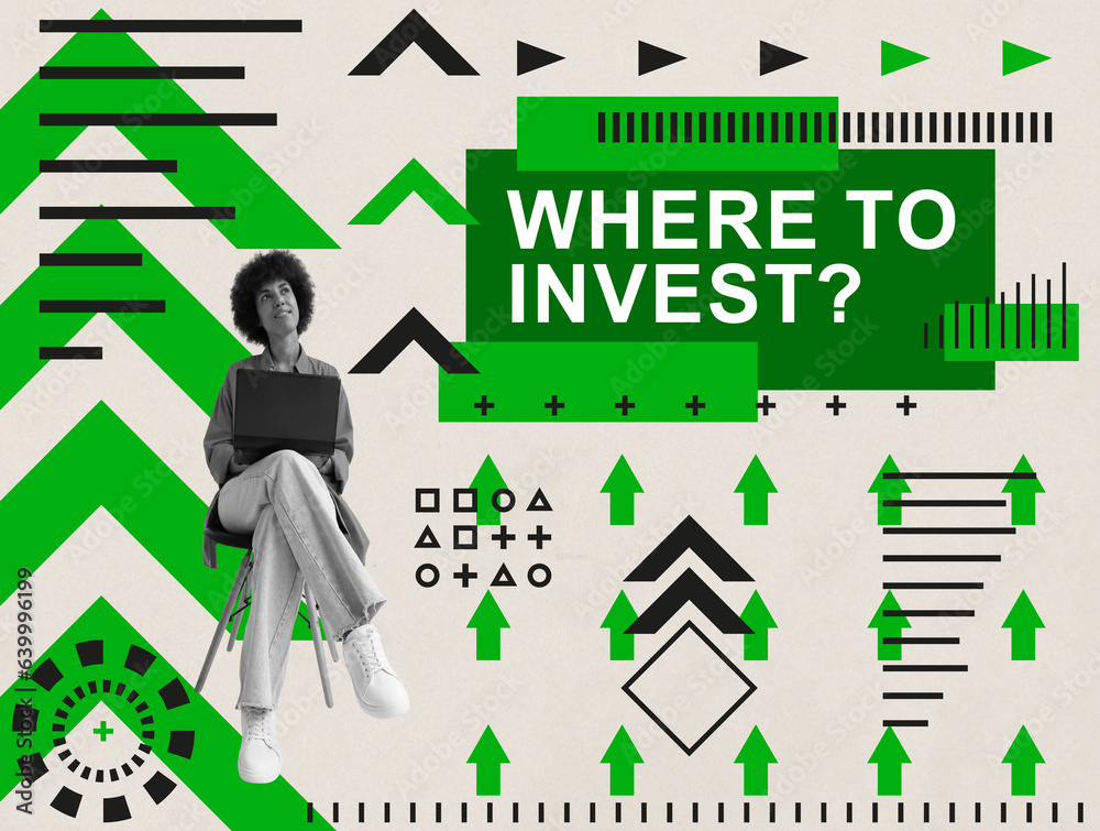 Obraz premium Collage with thinking woman and a question where to invest.