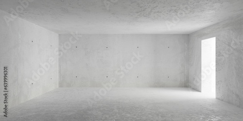 Fototapeta Naklejka Na Ścianę i Meble -  Abstract empty, modern concrete room with light thru doorframe opening and rough floor - industrial interior background template