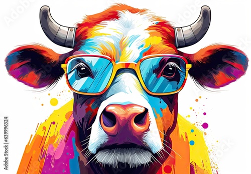 A close portrait of a funny cow in sunglasses is painted in watercolor with paint splatter. Concept of humor. Printable design for t-shirt, bag, postcard, case and other products.