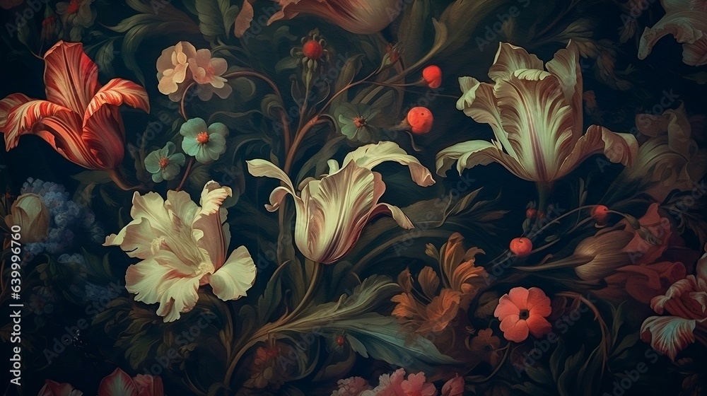Oil painted colorful flowers; vivid and old styled creating a sense of medieval times. Popping out shapes, leaves and beads, stunning aesthetics and perspective.  - obrazy, fototapety, plakaty 