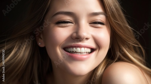 a woman smiling with her hair blowing in the wind, a photorealistic painting