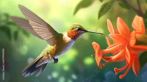 Little green bird flying next to beautiful red flower. Hummingbird feeds in the rainforest. Nature background. Illustration for cover, card, postcard, interior design, decor or print.