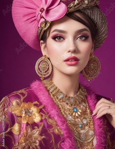 a woman in a pink dress and a pink hat