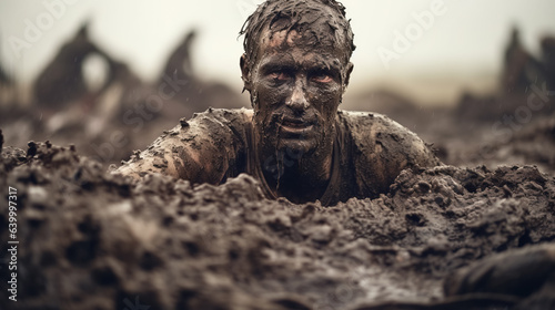 A man is covered in mud in the countryside, displaying a somber mood and energy.