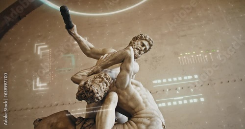 Digital Art Gallery Museum AI. Low angle view of impressive sculpture of greek demigod Hercules and Nessus centaur. Roman statue in outdoor museum in Piazza della Signoria. Travel to Florence, Italy