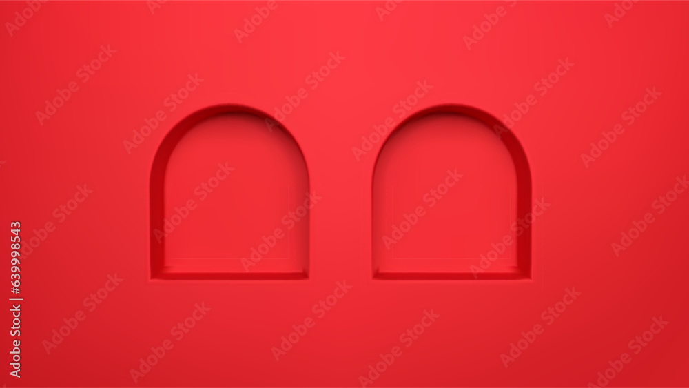 2 red 3d arch niche wall shelf for studio room interior. Vector render of two recess product podium template. Modern showcase mock up concept. Abstract color showroom with arc empty photography block. 2 red 3d arch niche wall shelf for studio room interior. Vector render of two recess product podium template. Modern showcase mock up concept. Abstract color showroom with arc empty photography block.